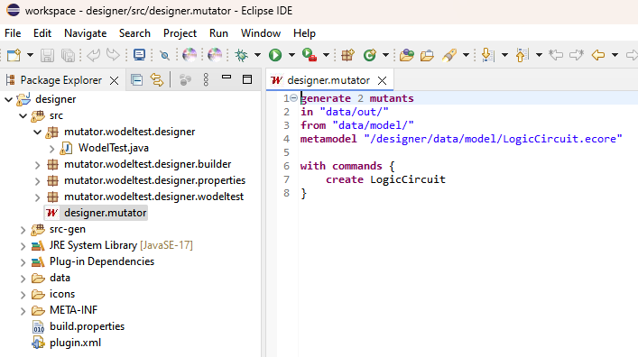 The Wodel editor showing mutation operators for the target language