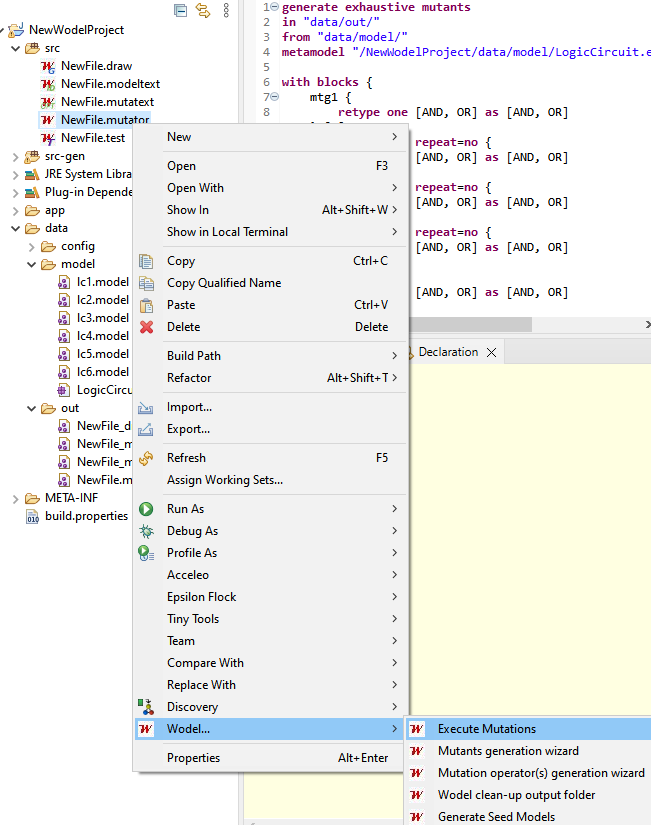 Context menu to execute the mutations and generate the exercises